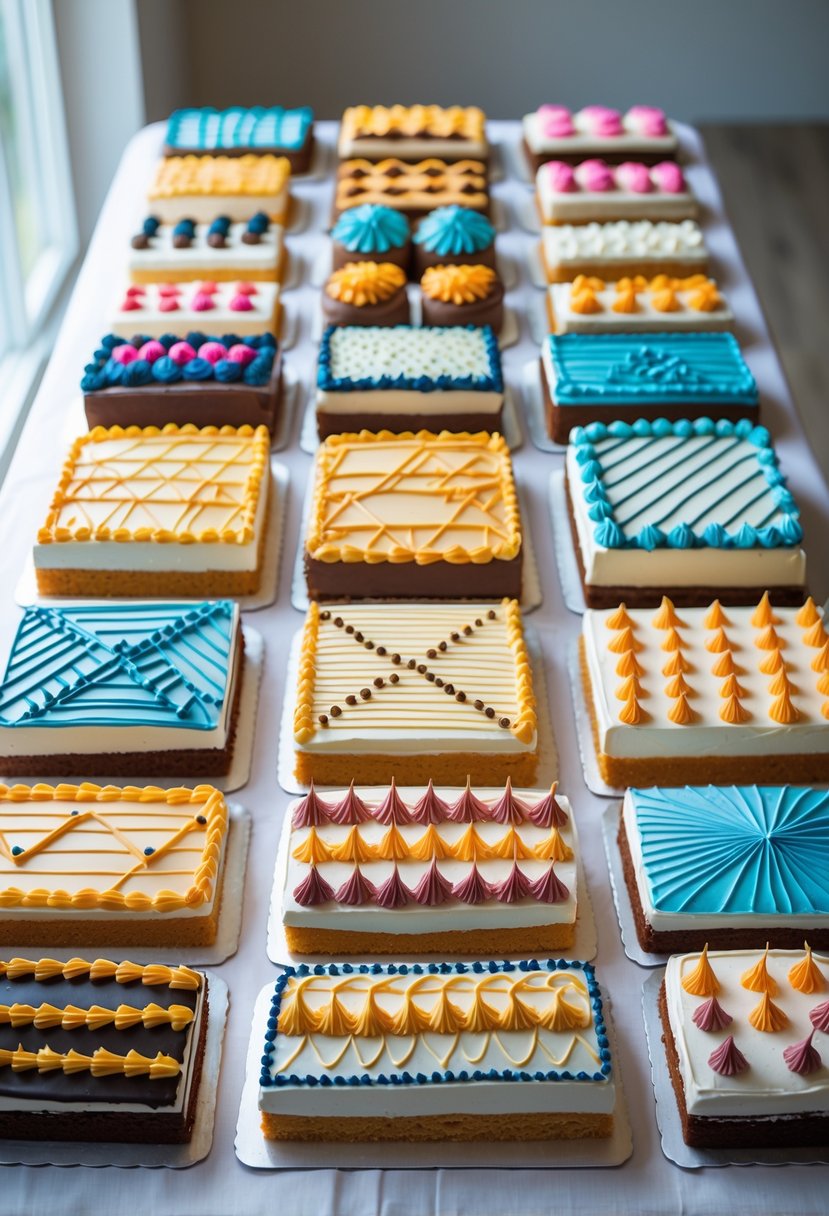 A table displaying sixteen rectangular cakes decorated with colorful geometric icing patterns arranged in a grid.
