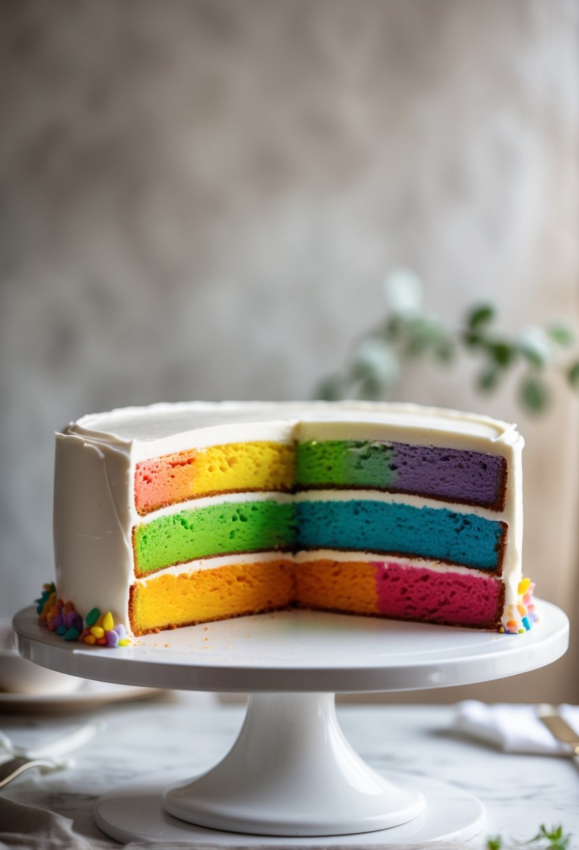A colorful half-moon shaped layered cake with rainbow-colored layers on a white cake stand.