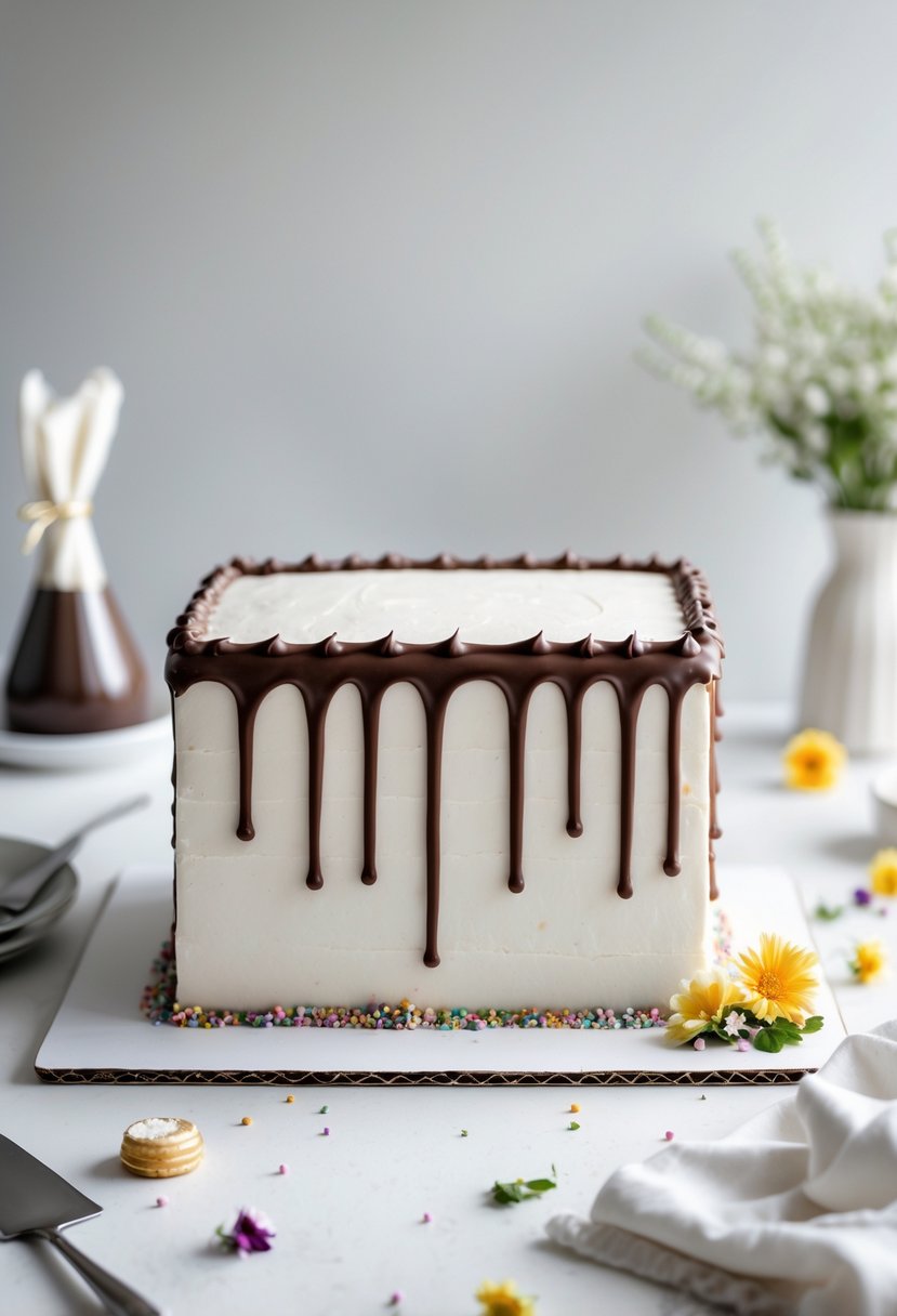 A rectangular cake with white frosting and chocolate drip icing on the edges, placed on a white surface with cake decorating tools nearby.