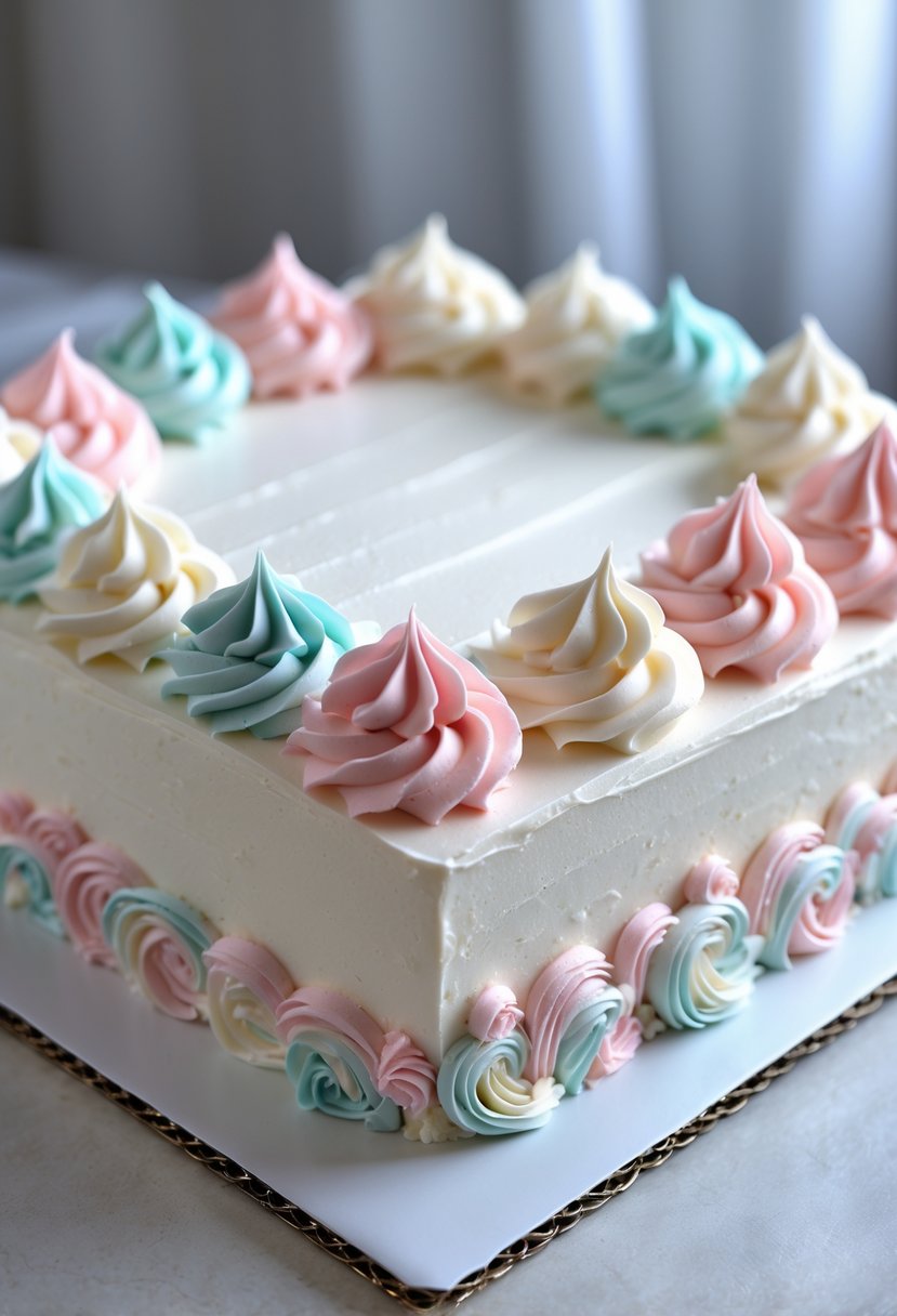 A large rectangular cake decorated with colorful buttercream swirls on a clean surface.