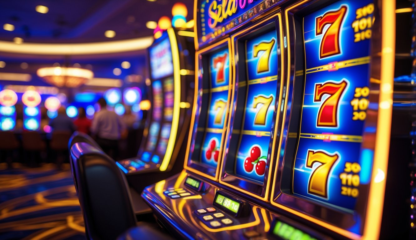 Mesin slot modern dengan lampu warna-warni menyala dan gulungan yang menunjukkan simbol kemenangan, dengan latar belakang kasino yang ramai.