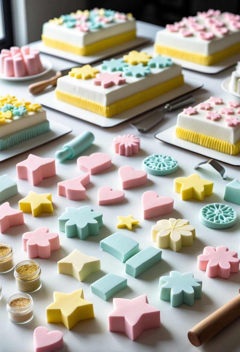 Various pastel-colored fondant cutout shapes and cake decorating tools arranged near decorated rectangular cakes on a white surface.