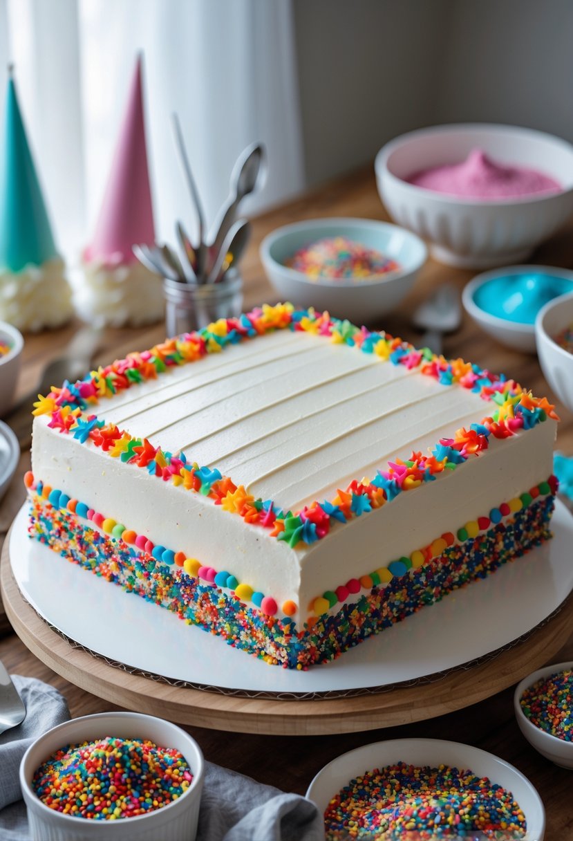 A decorated 9x13 cake with colorful sprinkle borders on a wooden table surrounded by cake decorating tools.