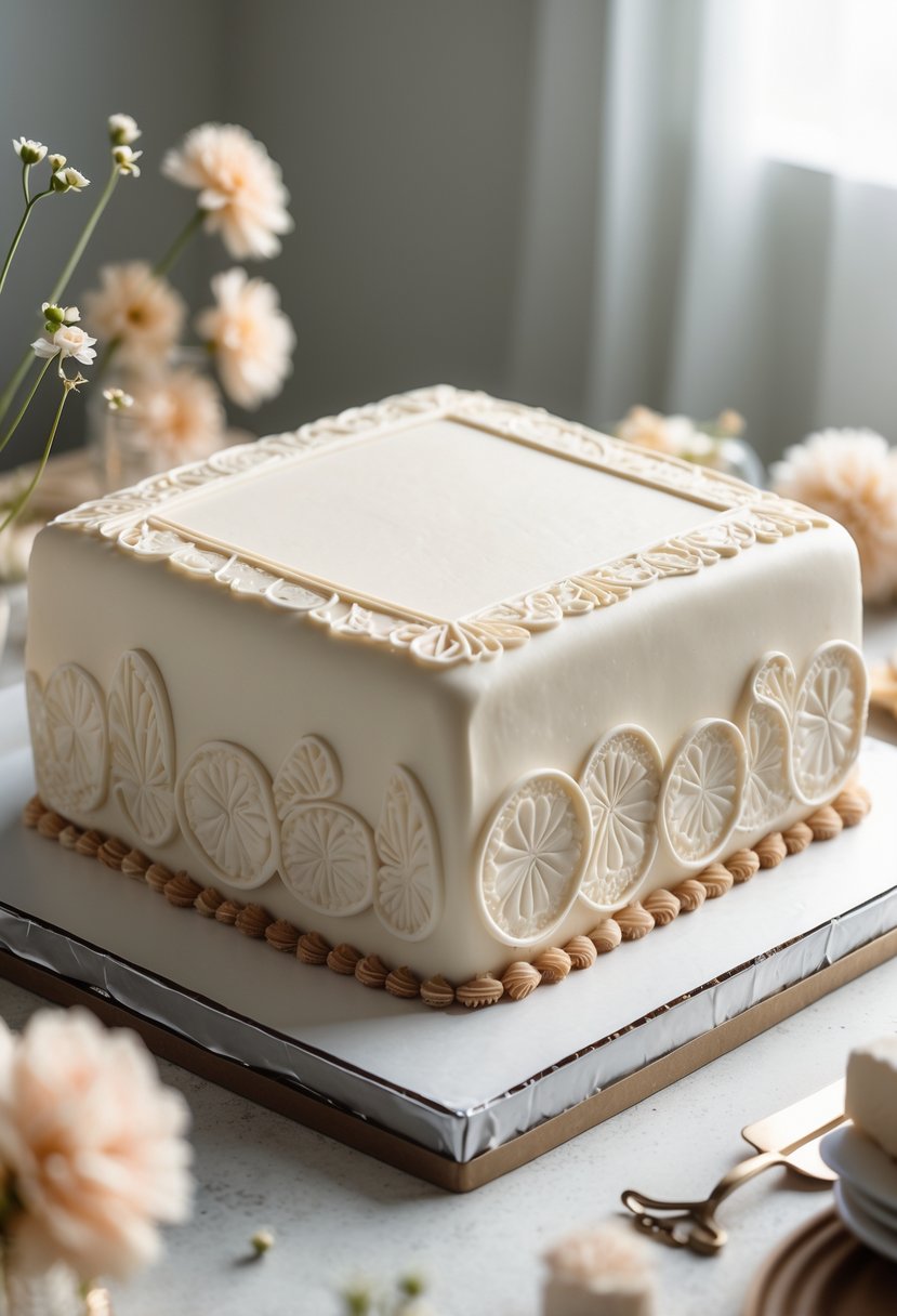 A rectangular cake with white fondant and embossed decorative patterns, displayed on a neutral surface with soft lighting.