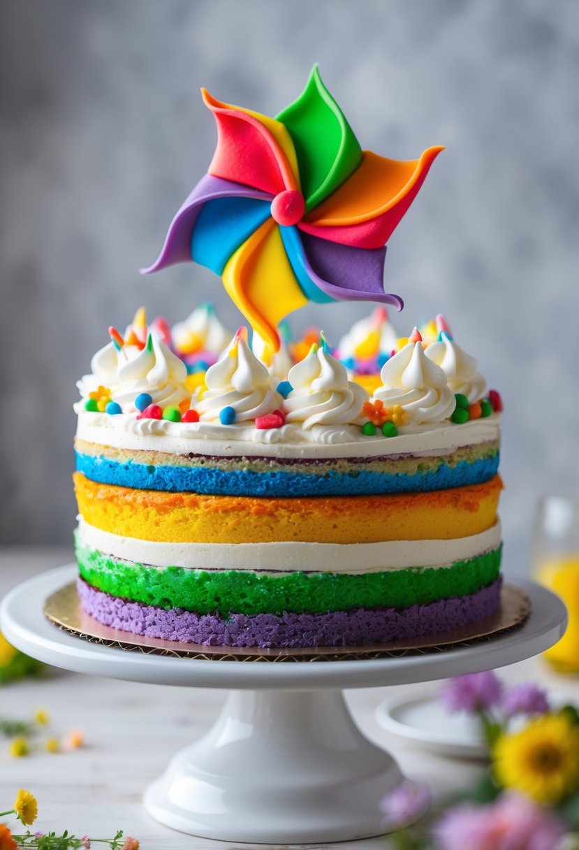 A multi-layered rainbow cake with a colorful pinwheel design on top, placed on a white cake stand on a wooden surface.
