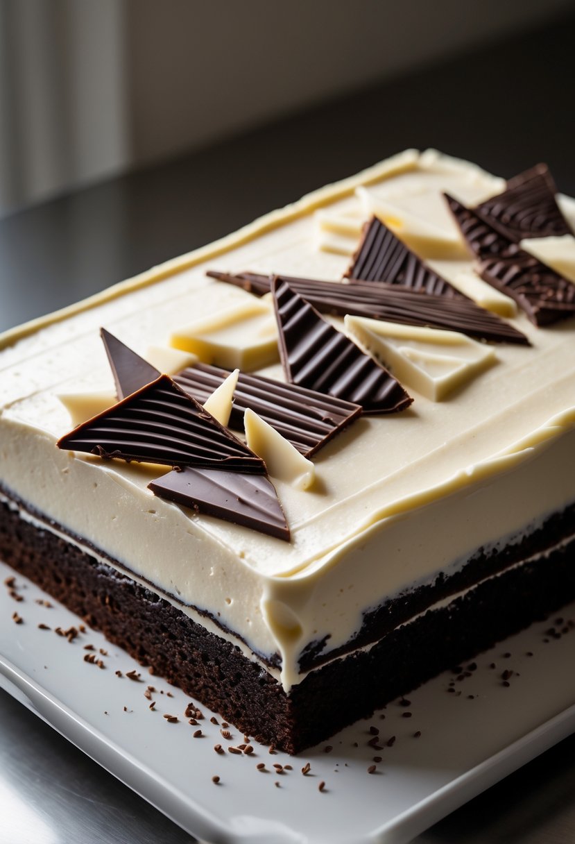 A rectangular cake decorated with multiple chocolate shards on top, displayed on a white platter.