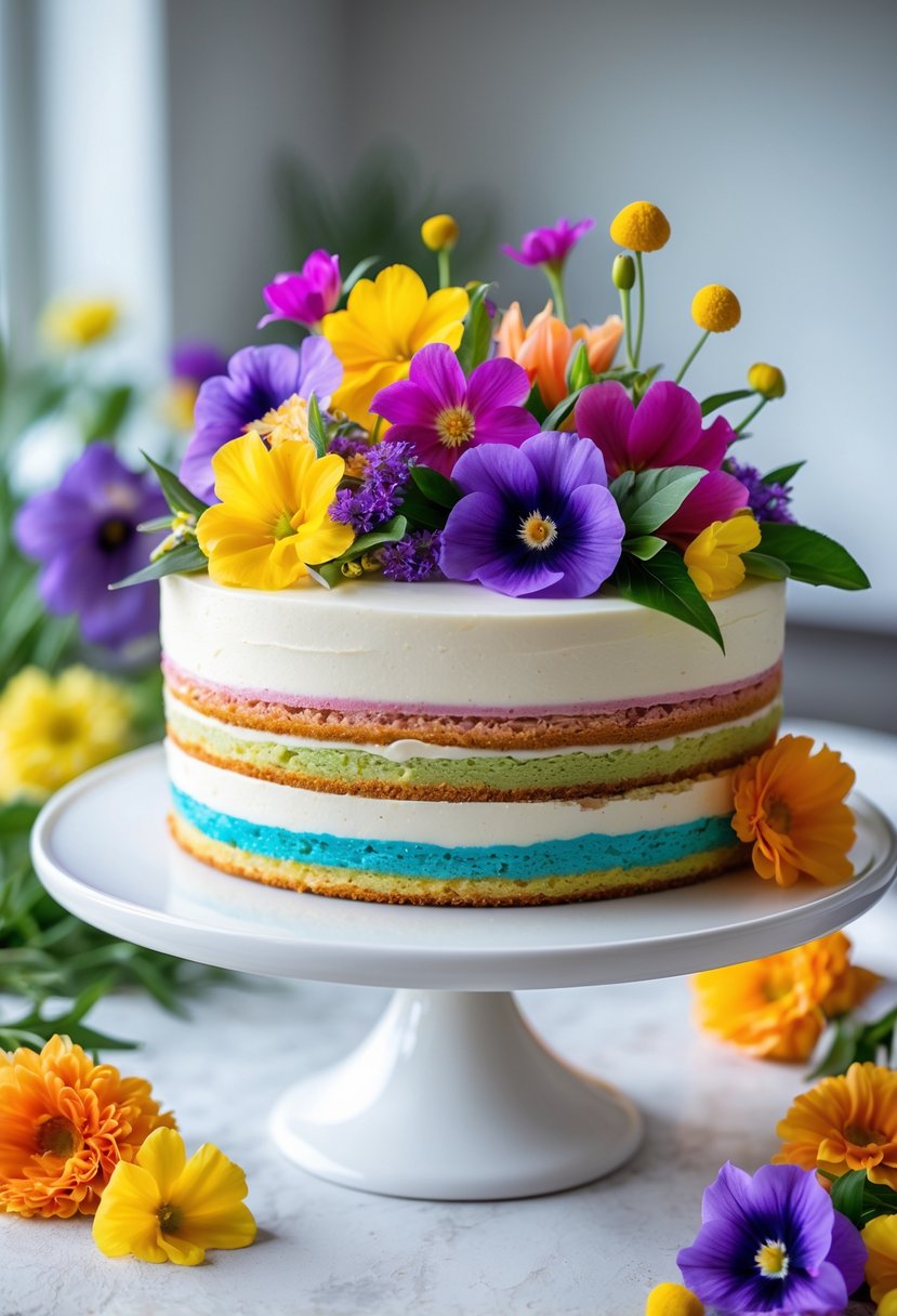 A multi-layered rainbow cake decorated with colorful edible flowers on a white cake stand.