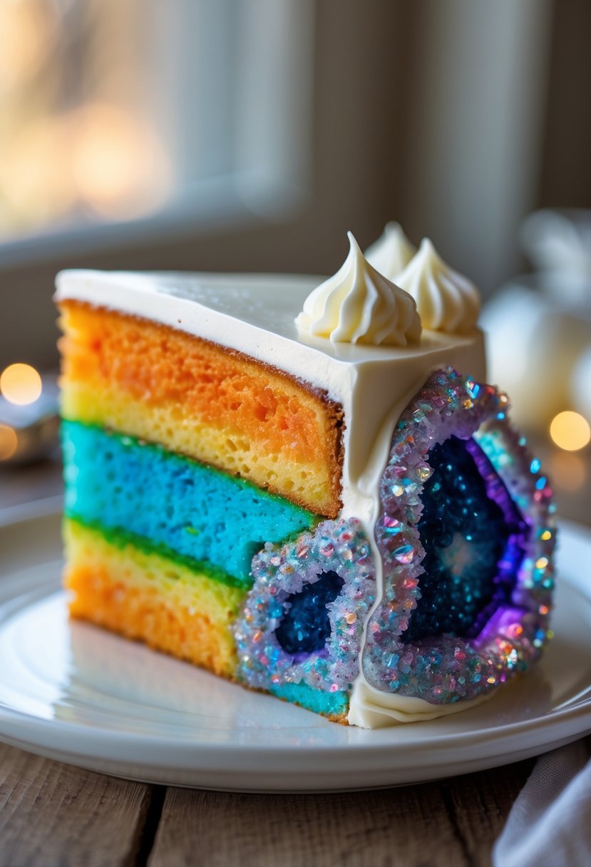 A slice of rainbow layered cake decorated with sparkling sugar crystals resembling a geode on a white plate.