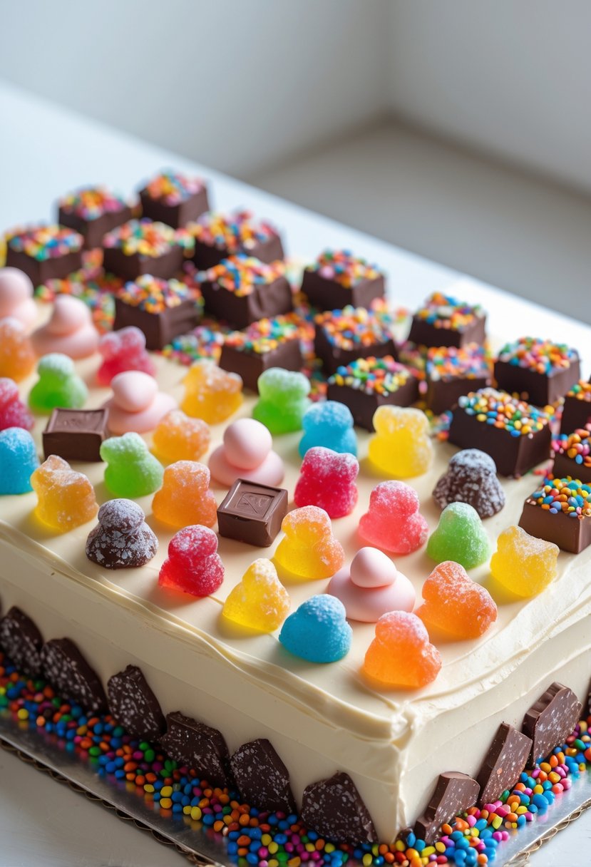 A large decorated rectangular cake topped with colorful clusters of assorted candies including gummy bears, chocolates, and sprinkles.