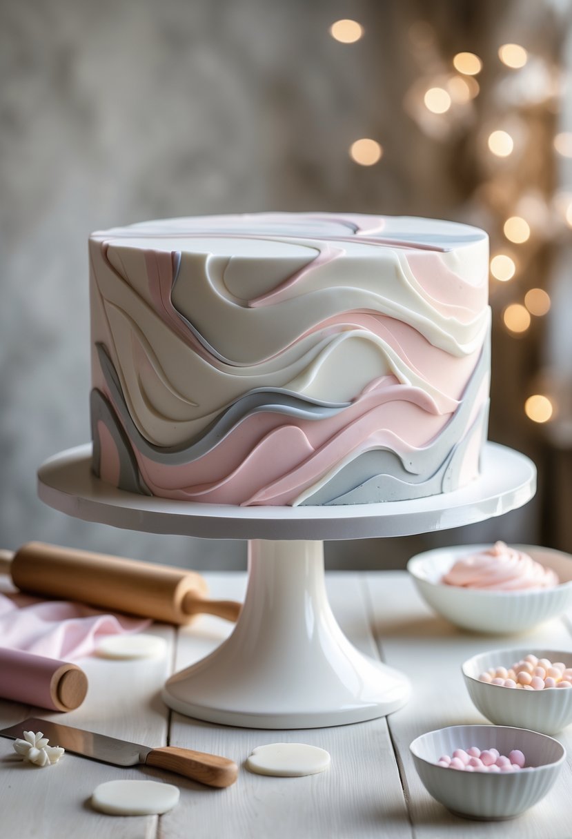 A large rectangular cake covered with marbled fondant in white, pink, and gray colors on a white cake stand with cake decorating tools nearby.