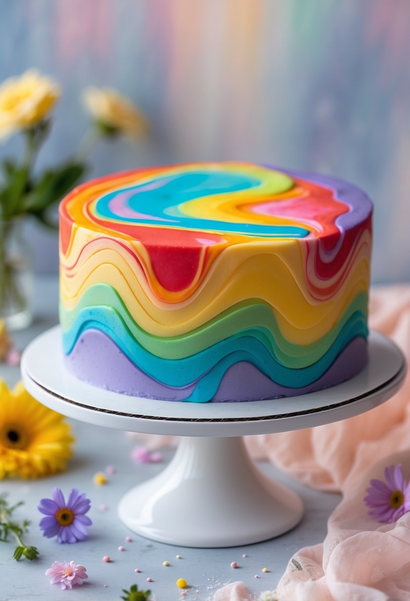 A colorful marble fondant cake with swirling rainbow colors on a white cake stand.