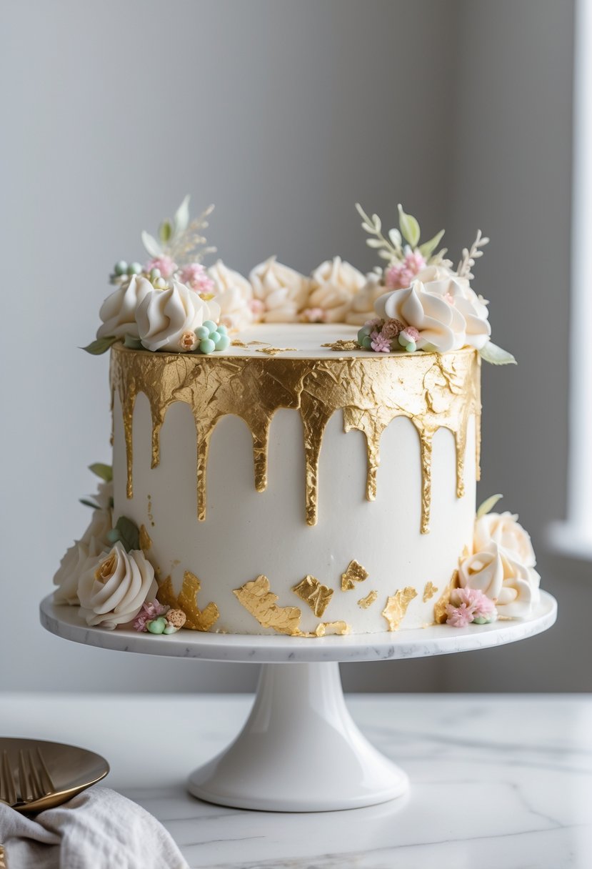 A rectangular cake decorated with white frosting and gold leaf accents on a white cake stand.