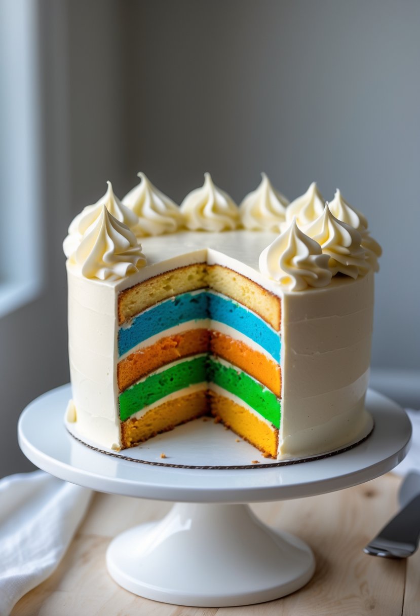 A multi-layered rainbow cake with white whipped ganache frosting on a white cake stand.
