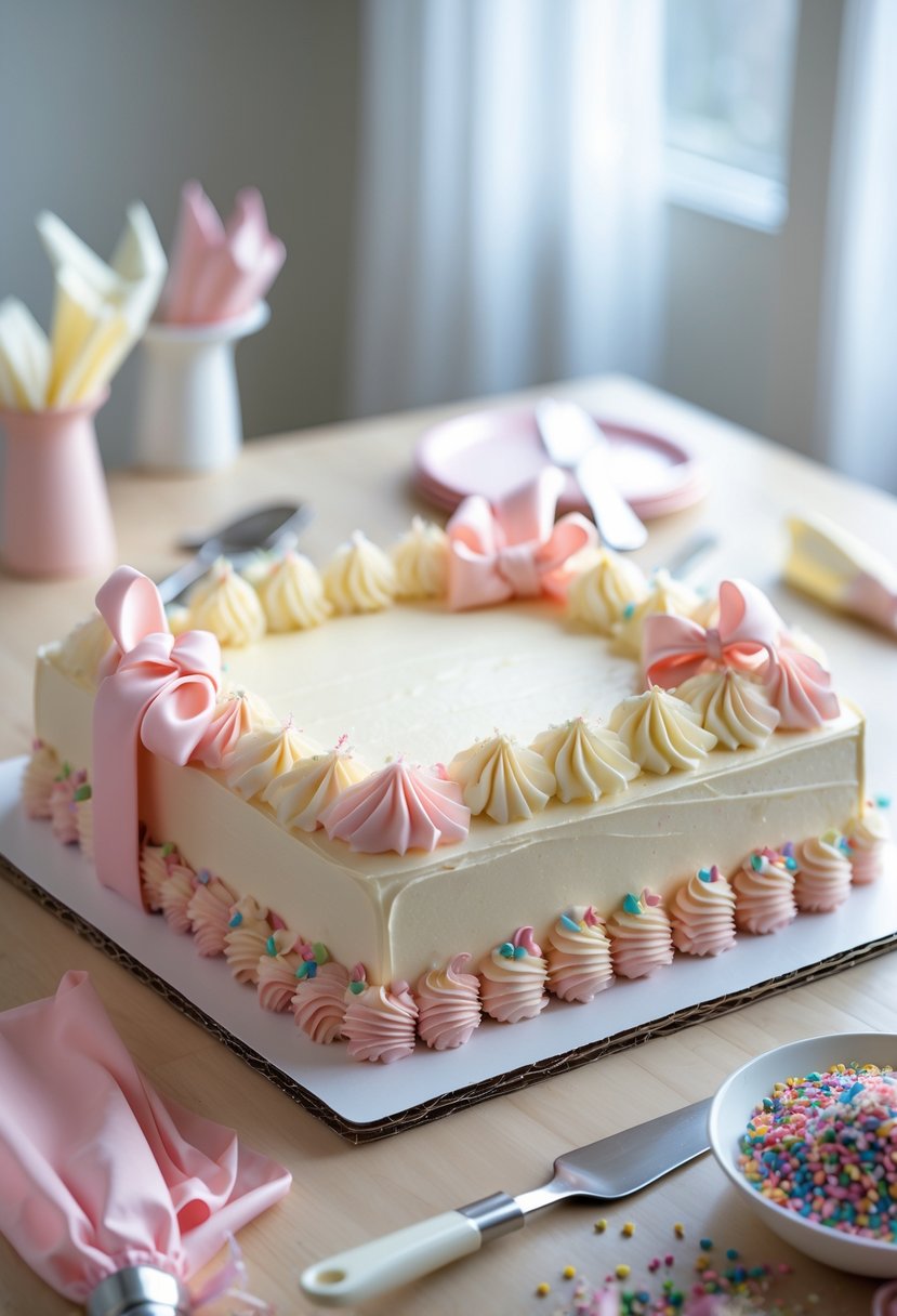 A rectangular decorated cake with ribbon and bow accents on a wooden table with cake decorating tools around it.