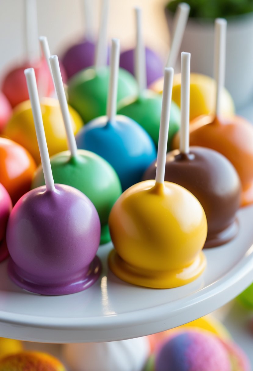 A close-up of colorful rainbow cake pops coated in bright chocolate, arranged on a white platter.