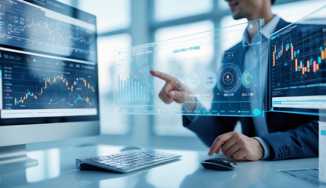 Seorang profesional sedang bekerja dengan layar digital yang menampilkan grafik data dan simbol shio di ruang kantor yang terang.