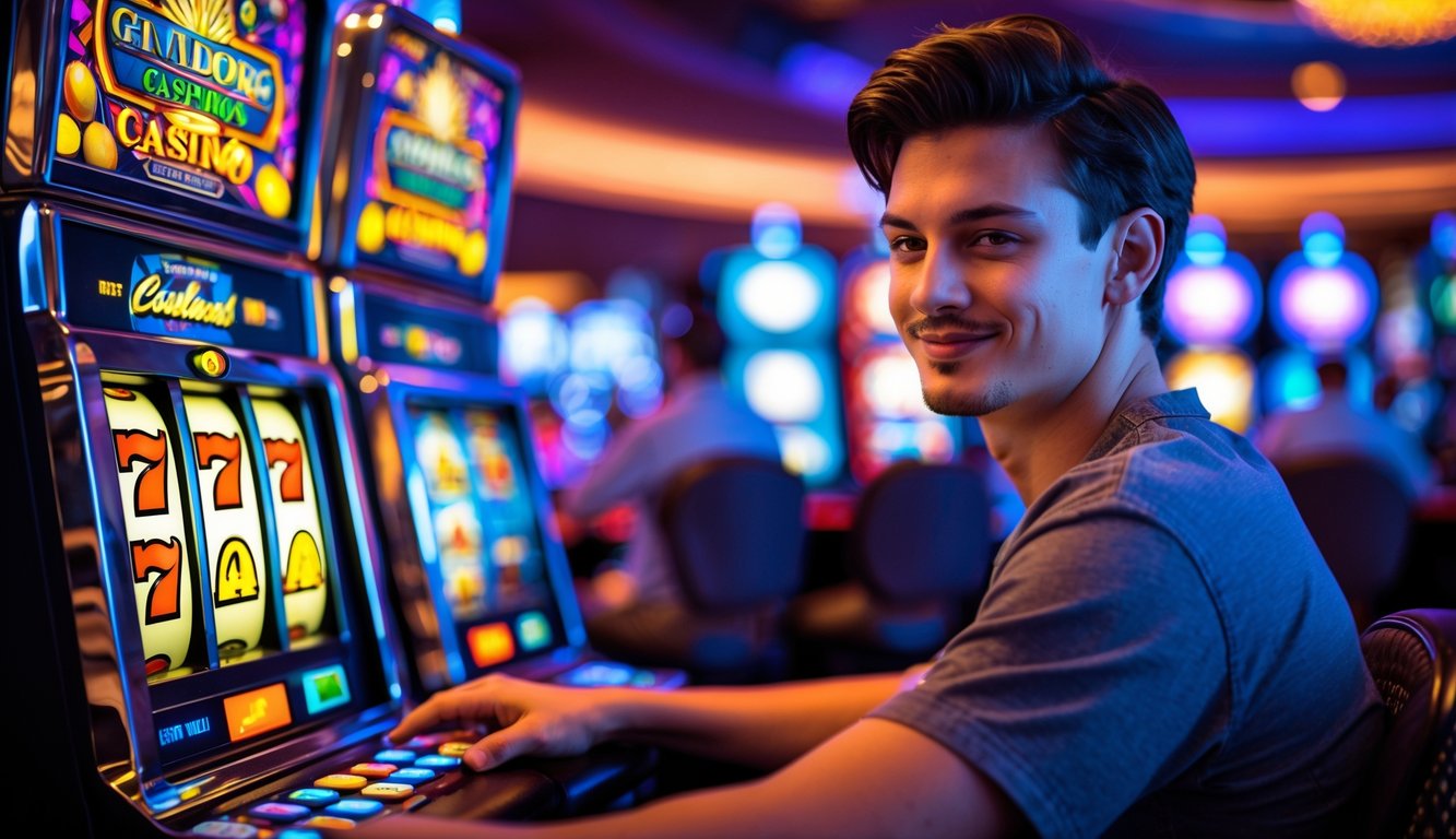 Seorang dewasa muda duduk di depan mesin slot di kasino, tampak fokus dan tersenyum sambil bermain.