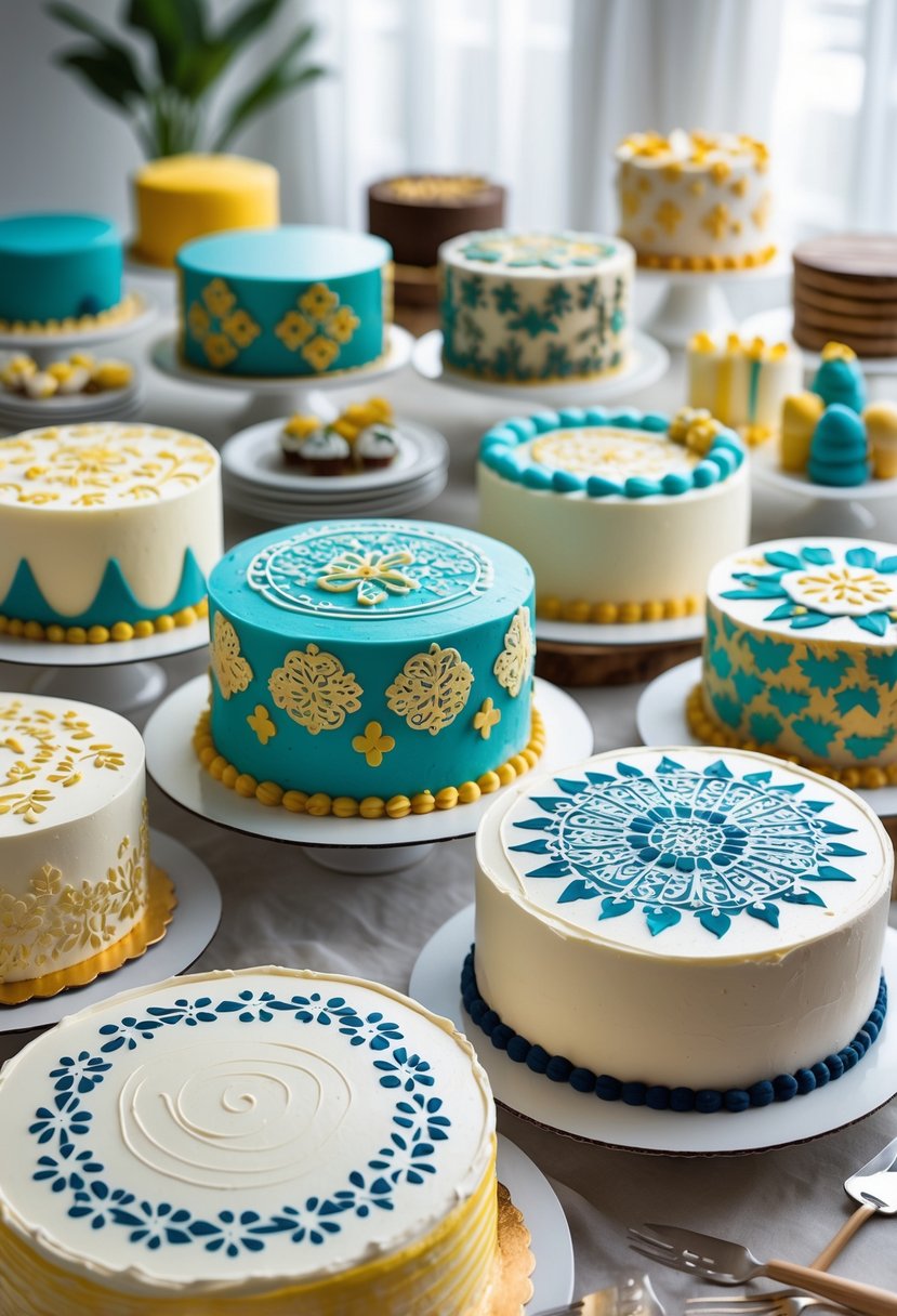 A table displaying sixteen decorated cakes with various stencil patterns, arranged for serving a large group.
