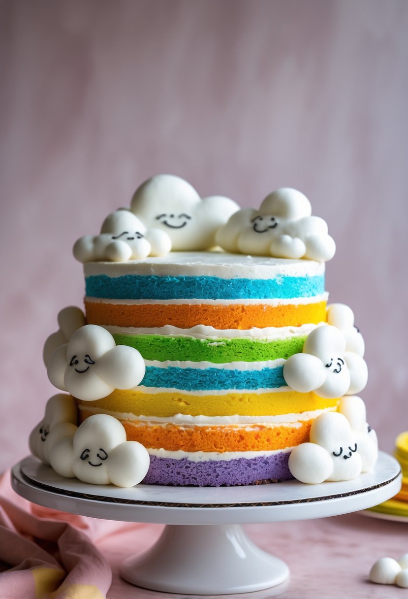 A colorful rainbow layer cake decorated with white cloud-shaped frosting on a white cake stand.