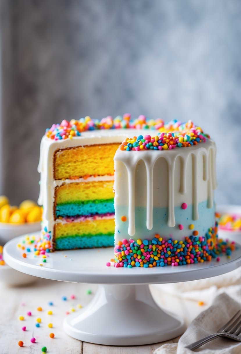 A multi-layered rainbow cake with white icing drizzle and colorful sprinkles on a white cake stand.