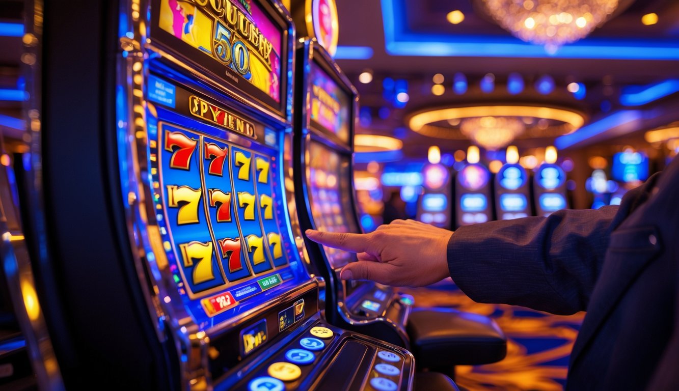 Mesin slot modern yang menyala dengan tangan pemain sedang menekan tuas di dalam kasino.