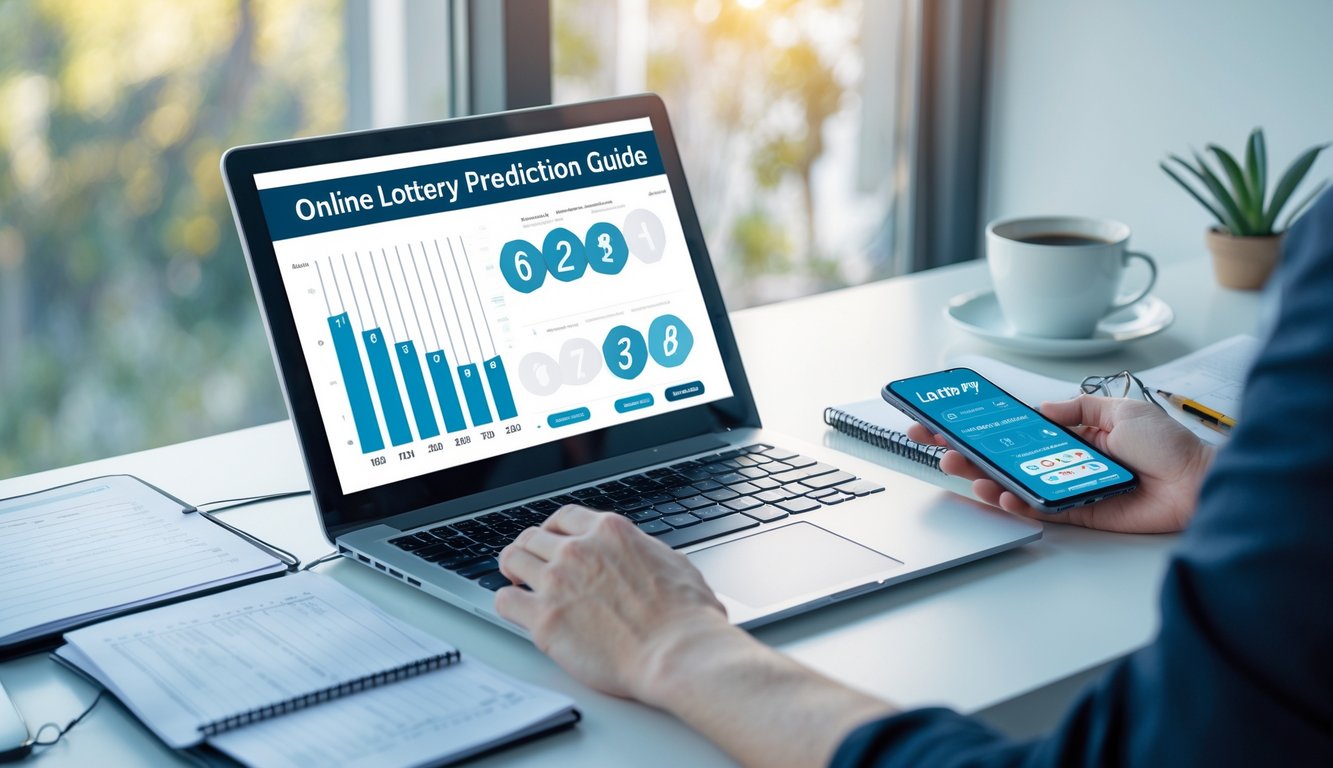 Meja kerja dengan laptop yang menampilkan grafik dan catatan, ponsel dengan aplikasi togel, serta secangkir kopi di sampingnya.