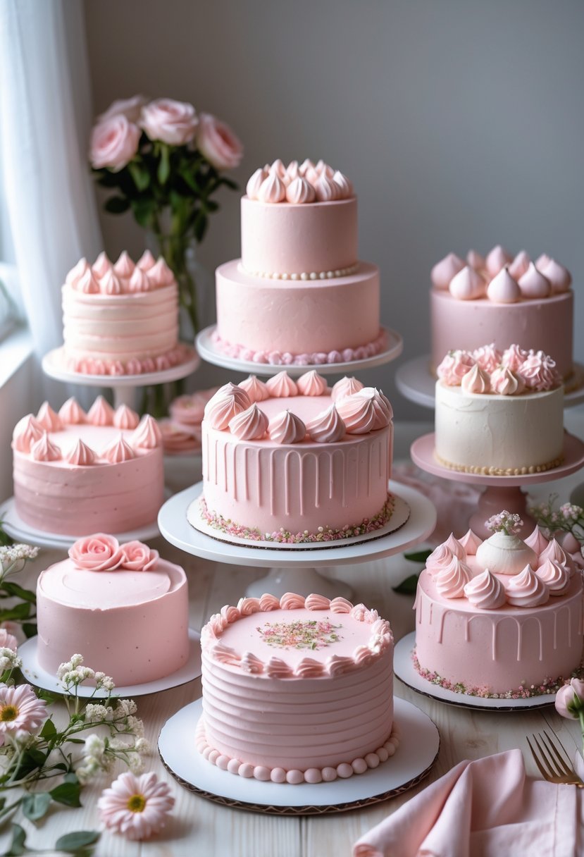 A collection of 15 pink decorated cakes with various designs displayed on a wooden table with flowers and cake decorating tools.