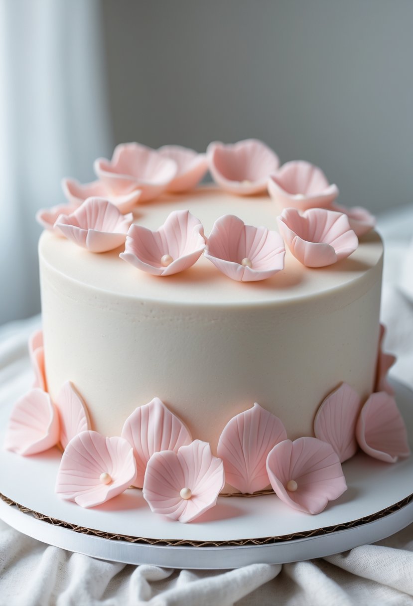 A cake decorated with pink fondant petals around the top and base on a white surface.