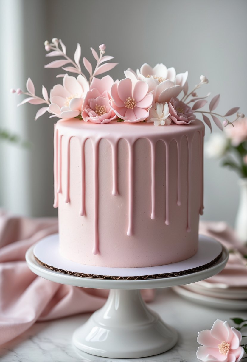 A pink cake decorated with pastel pink drips and small sugar flowers on a simple background.
