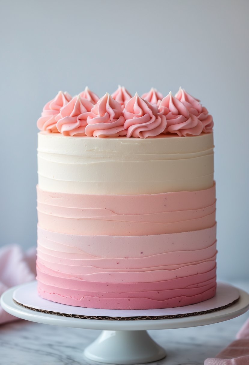 A multi-layered cake with pink frosting that gradually changes from light baby pink to soft rose.