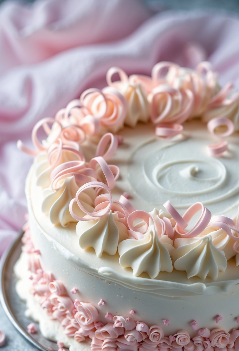 A close-up of a white frosted cake decorated with light pink white chocolate curls.