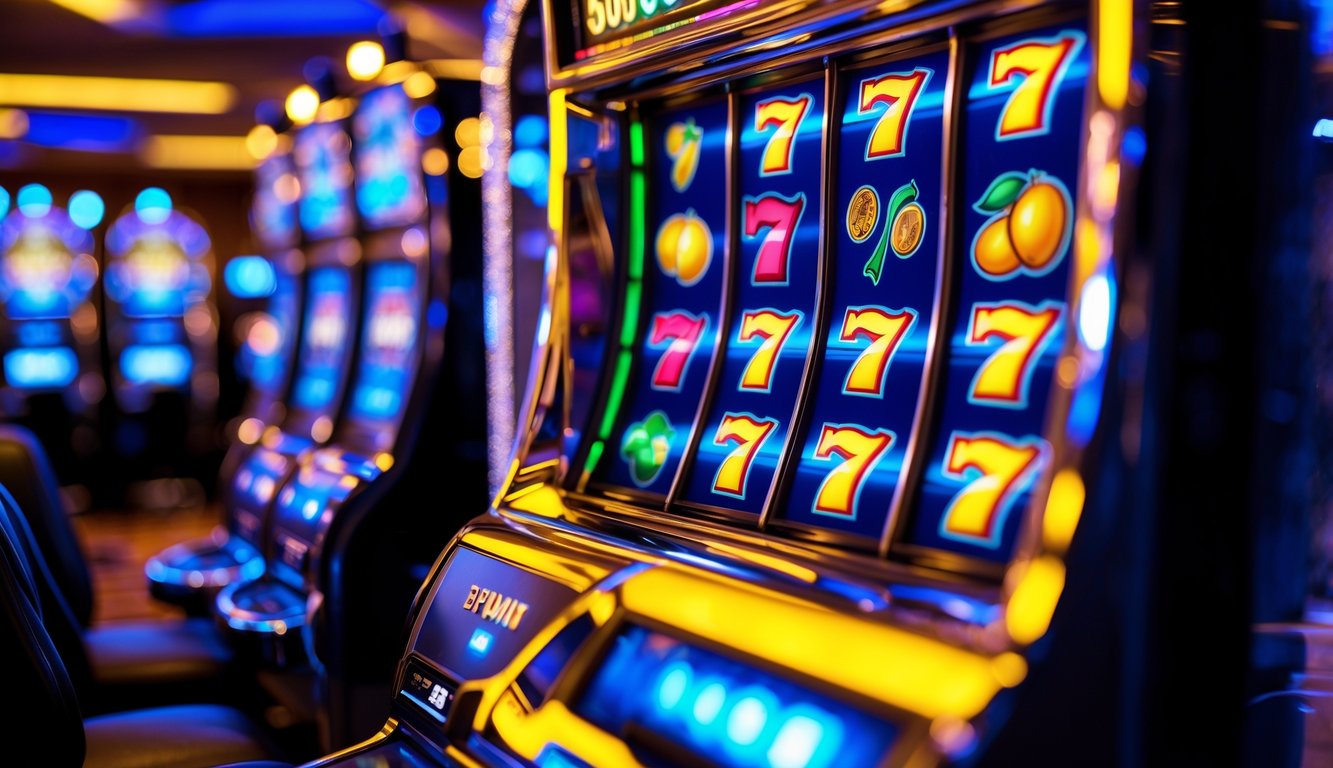 Mesin slot modern dengan gulungan berwarna-warni yang berputar di dalam kasino yang terang dan bersih.