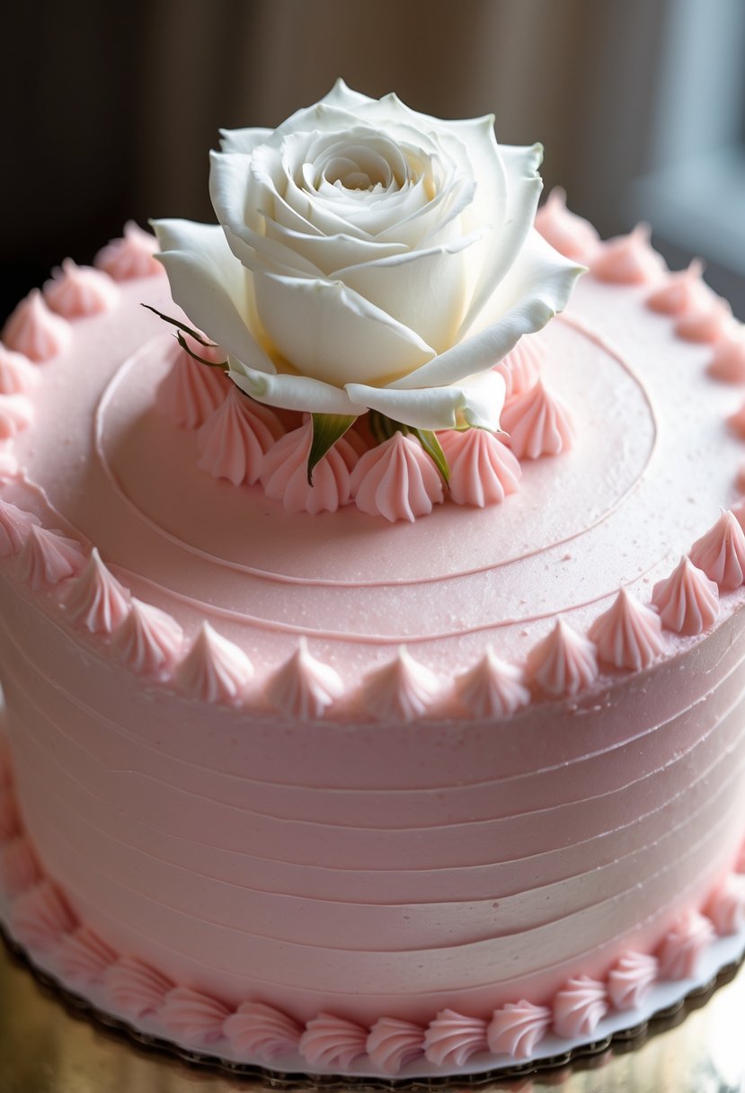 A pink frosted cake topped with a single white rose placed at the center.