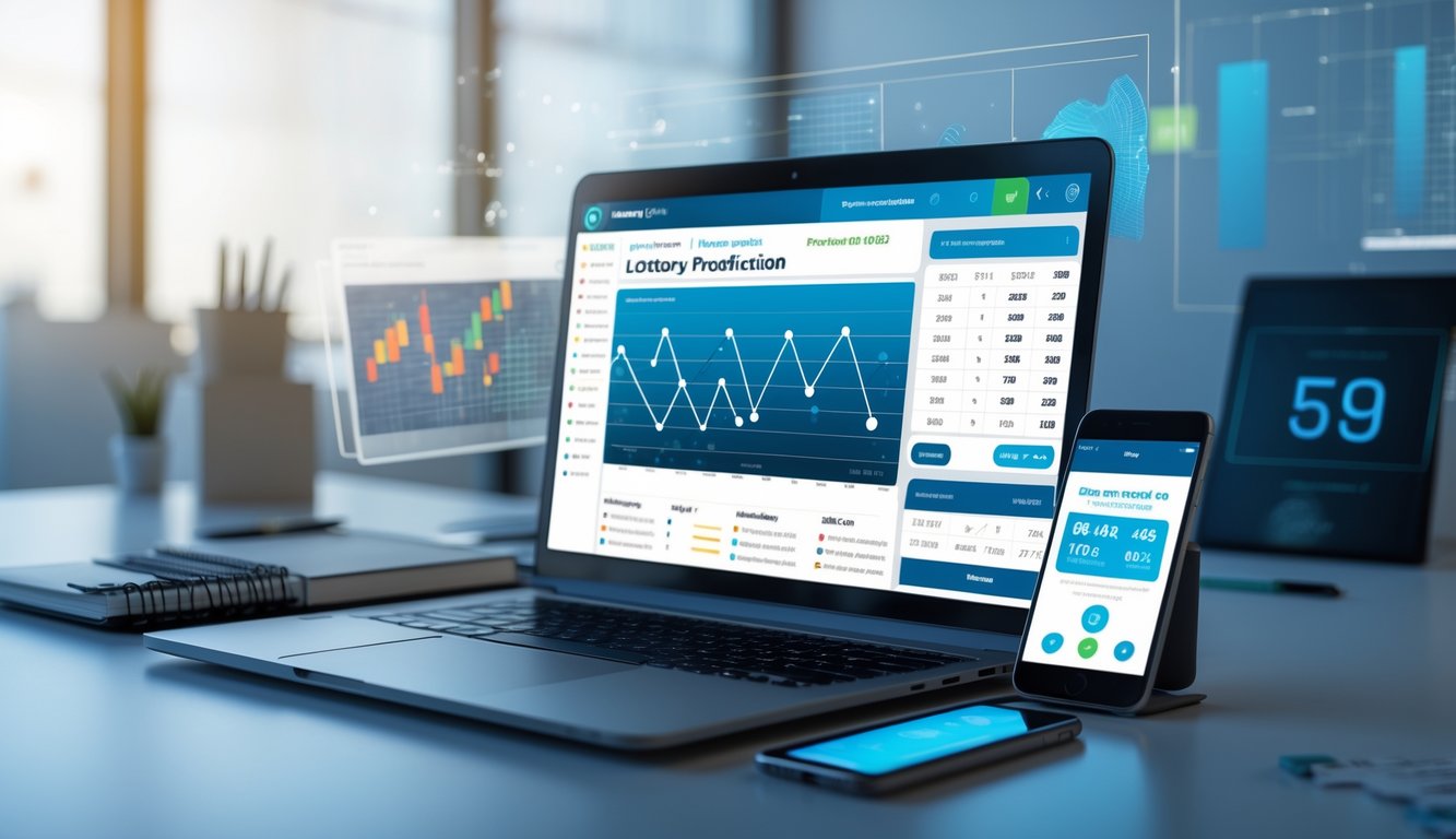 Meja kerja modern dengan laptop, buku catatan, dan ponsel yang menampilkan data prediksi angka togel.