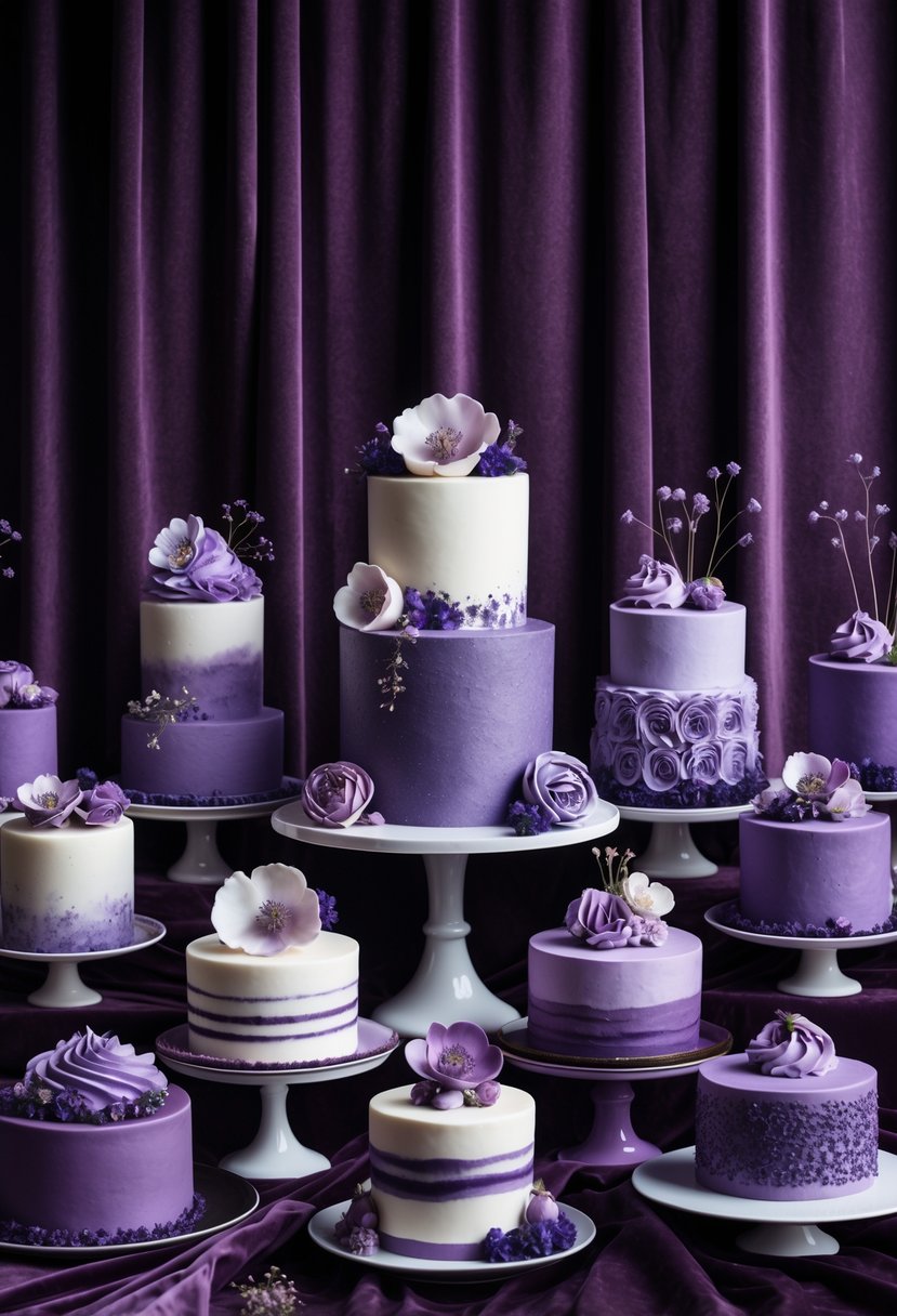 A variety of purple-themed decorated cakes and cupcakes arranged on stands against a deep plum velvet background.