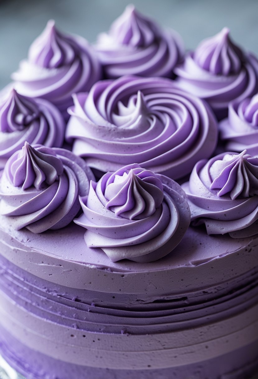 Close-up of a multi-layered cake decorated with violet buttercream rosettes.