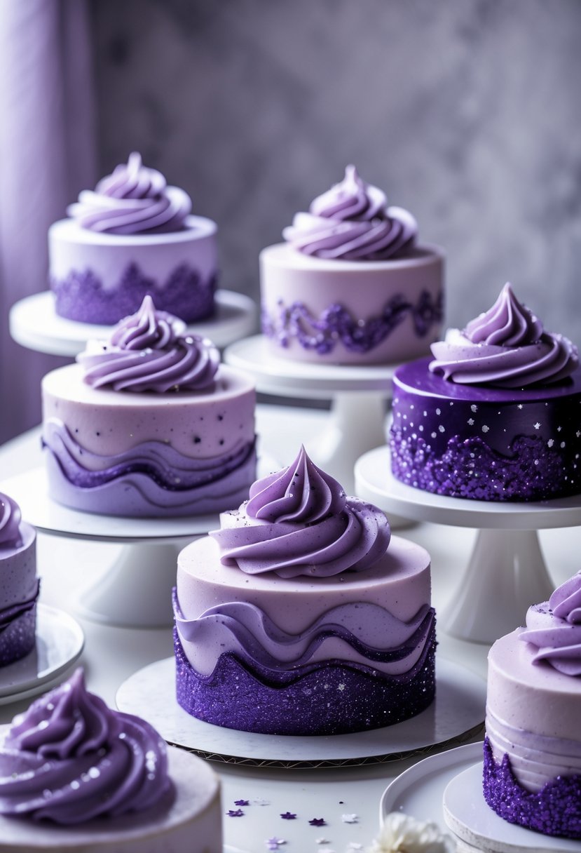 A collection of purple swirl decorated cakes arranged on a white surface with soft lighting.