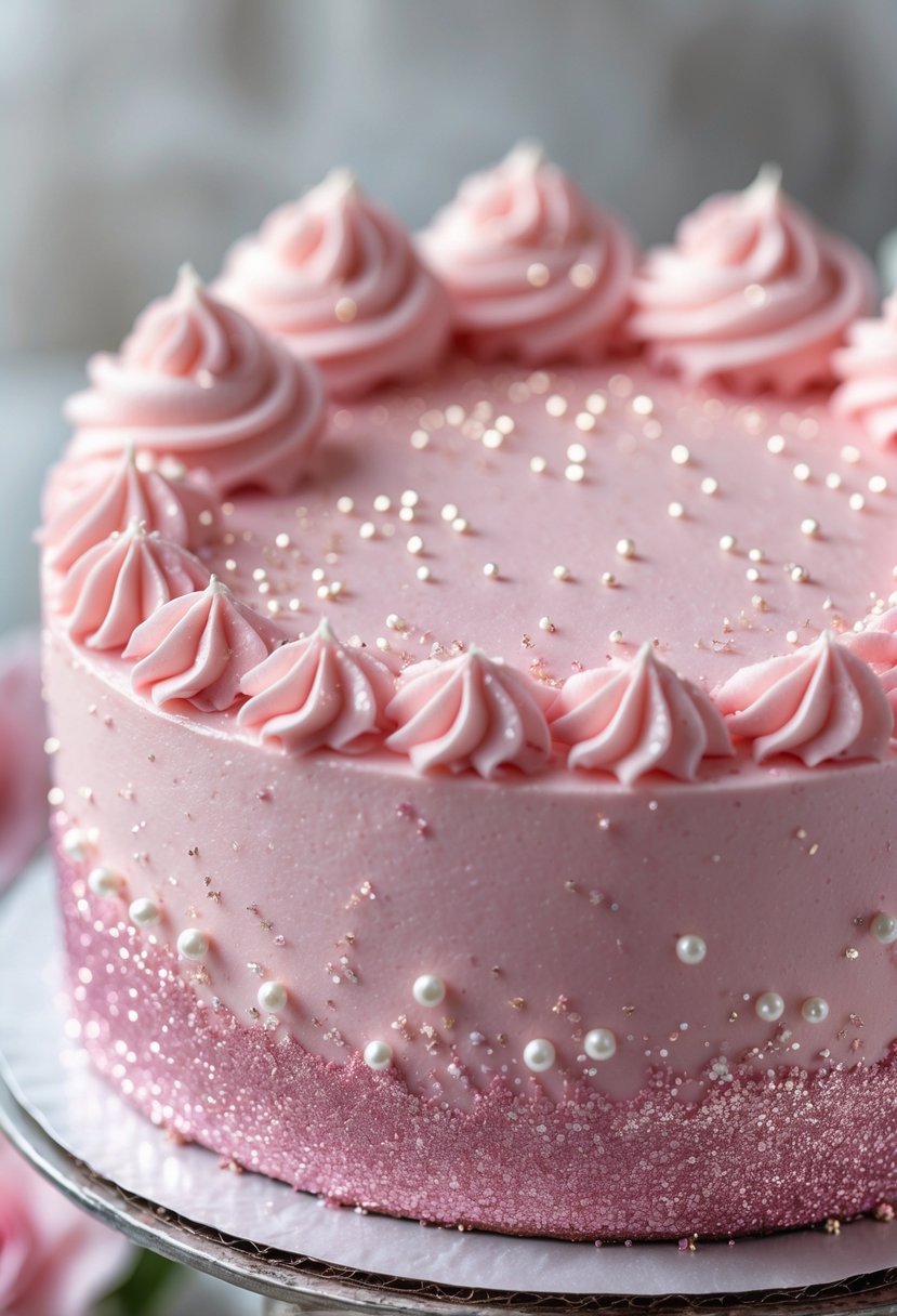 Close-up of a pink frosted cake decorated with soft pink edible glitter and delicate frosting details.
