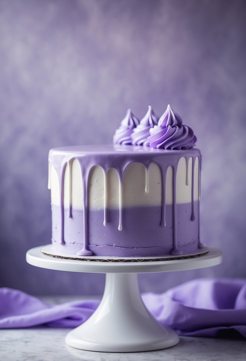 A purple cake with lilac drip and white accents on a white cake stand.