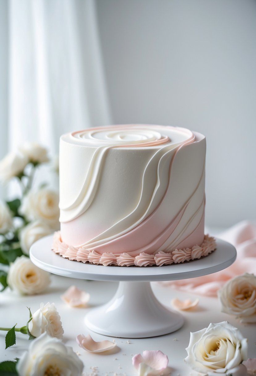 A close-up of a cake covered in smooth marbled fondant blending white and light pink colors, placed on a white cake stand with soft lighting.
