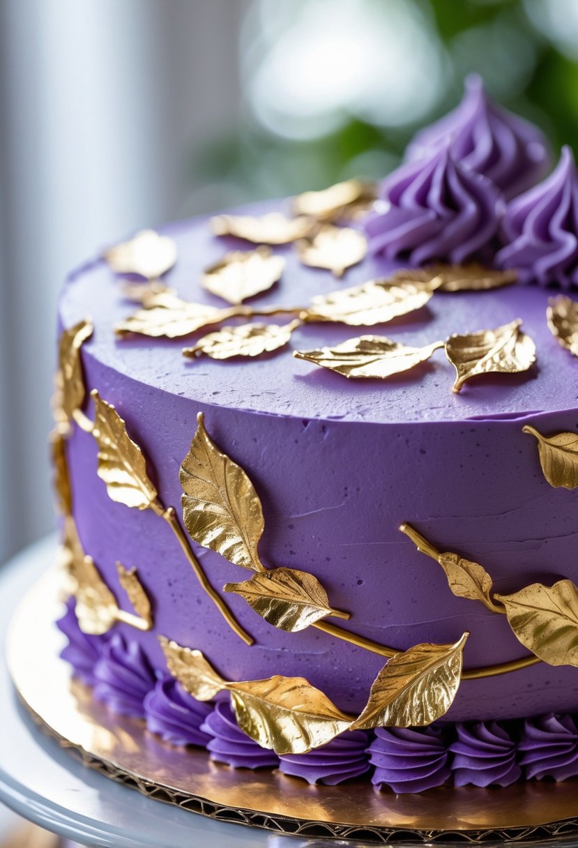 Close-up of a purple cake decorated with gold metallic leaf accents on a blurred background.