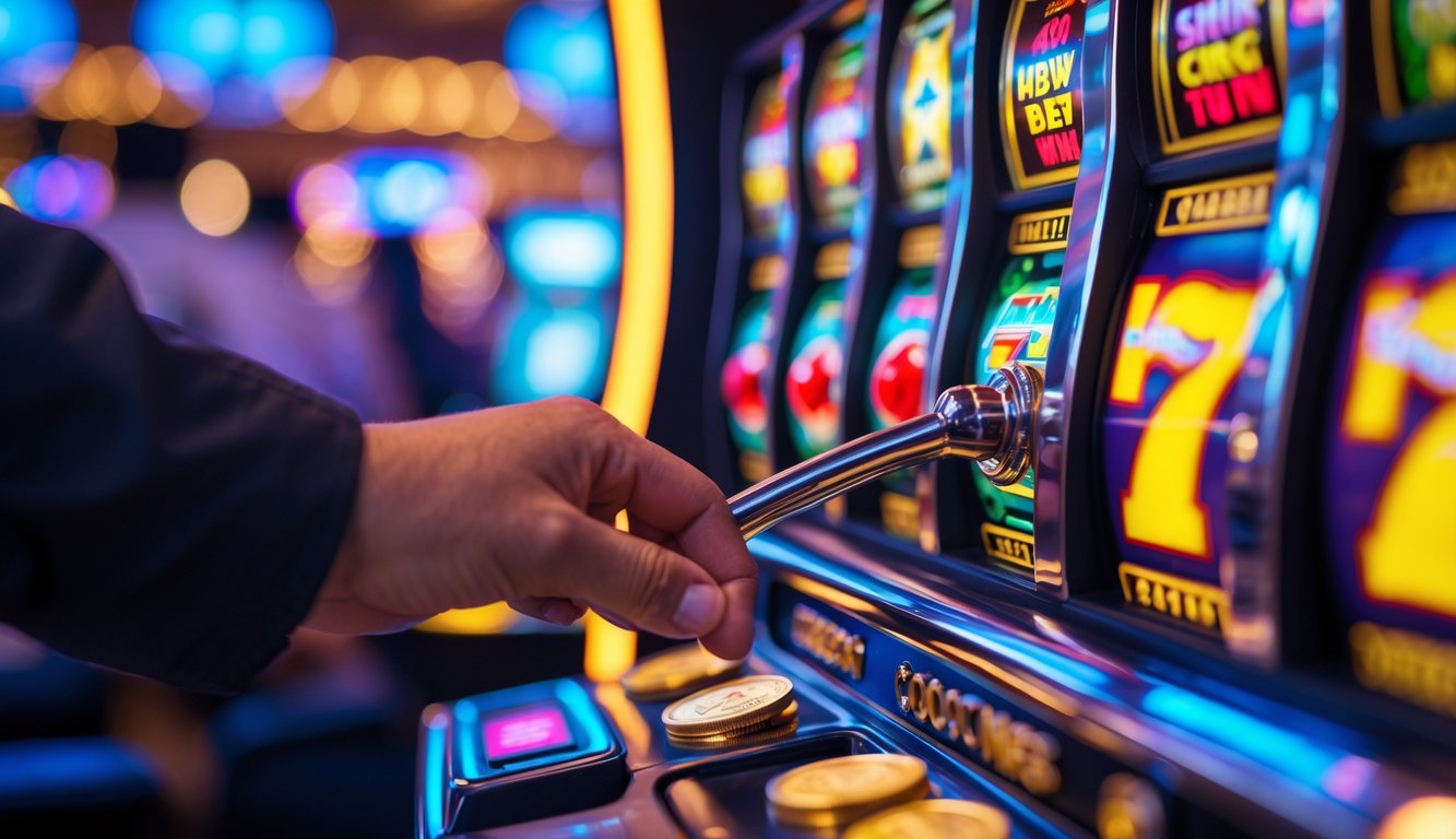 Tangan seseorang sedang menarik tuas mesin slot yang berwarna cerah dengan latar belakang lampu kasino yang samar.
