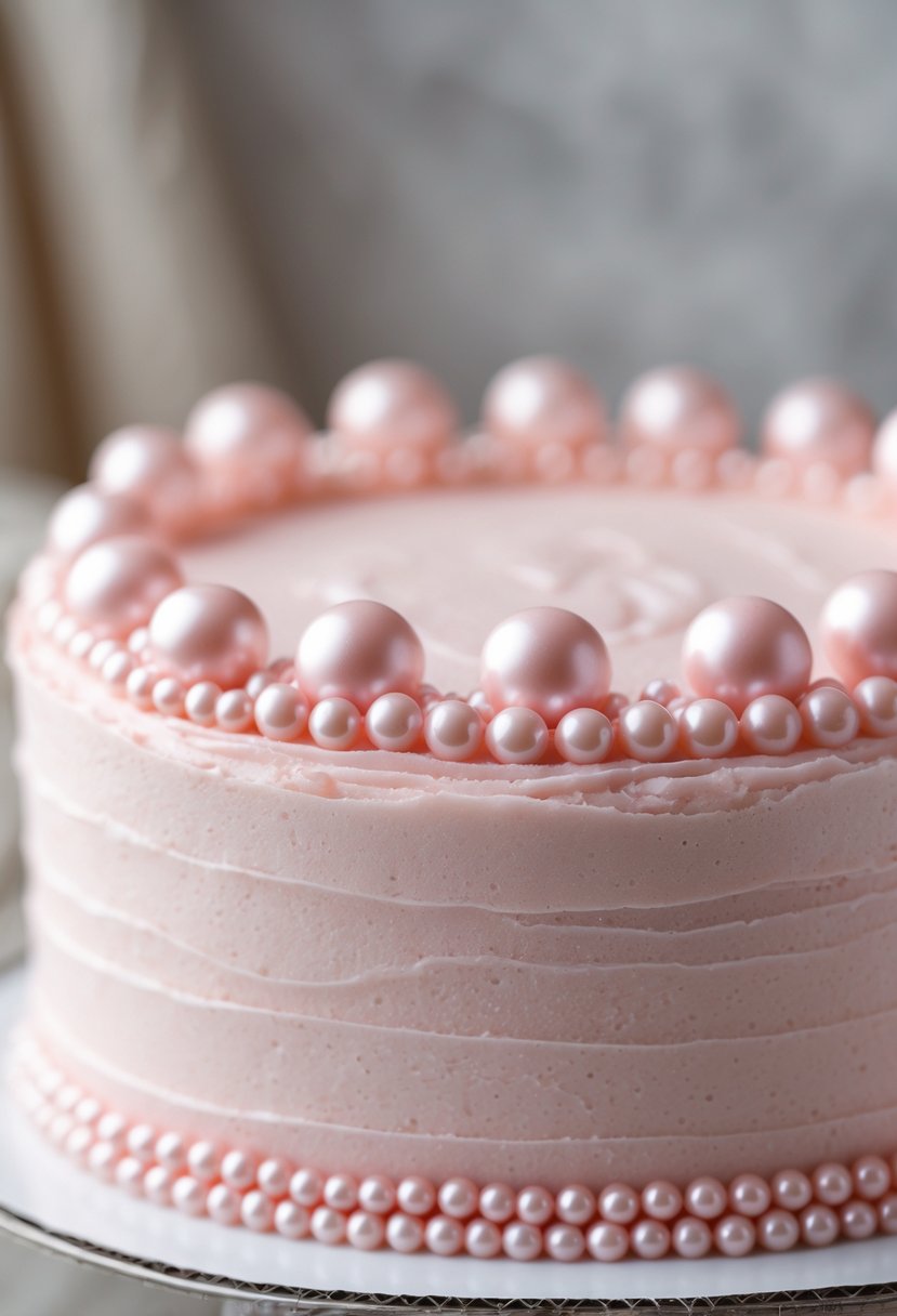 Close-up of a cake with pink sugar pearls arranged around its edges.