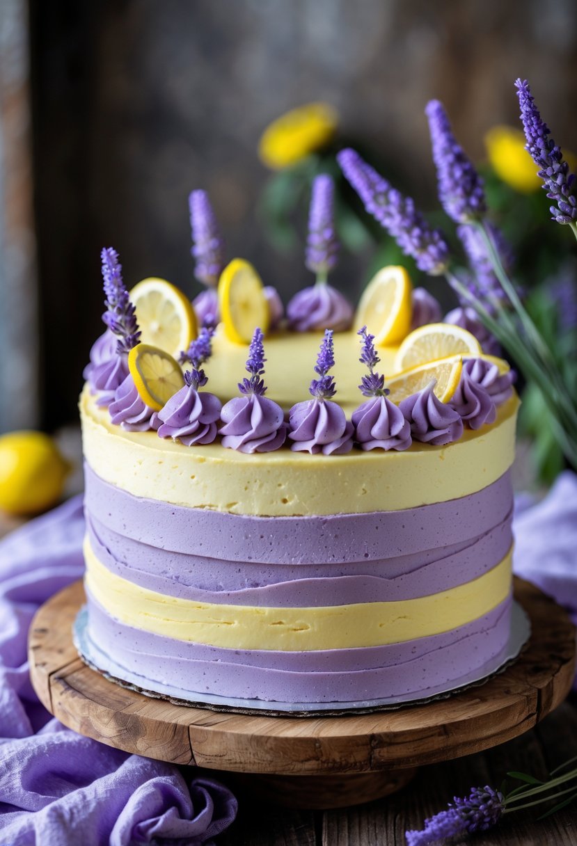 A multi-layered lavender and lemon cake decorated with lavender sprigs and lemon slices on a wooden table.