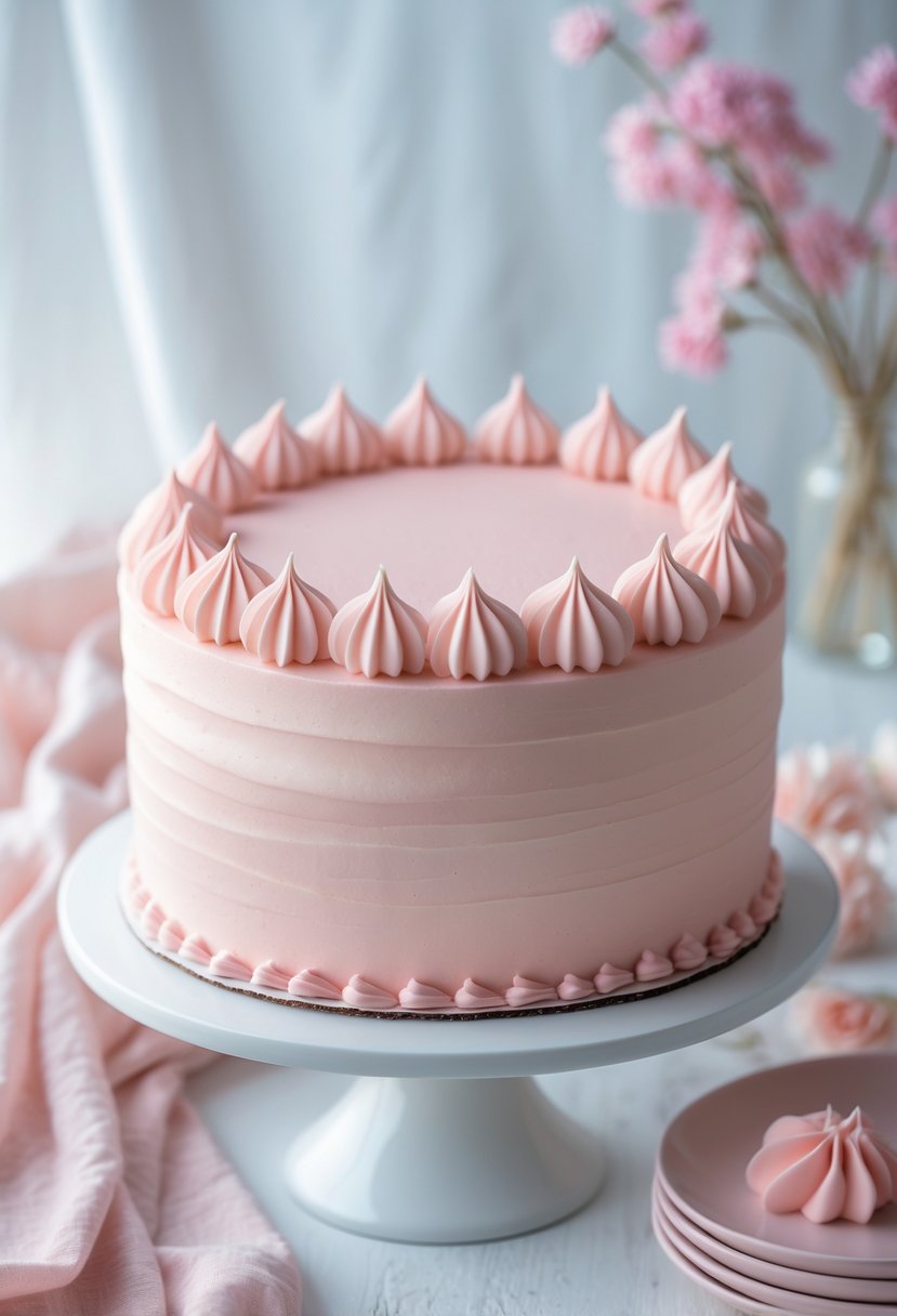 A pink fondant cake with smooth surface and minimal piped decorations on a white cake stand.
