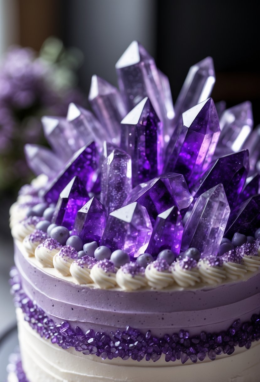 A close-up of a purple cake topped with shiny amethyst crystal rock candy.