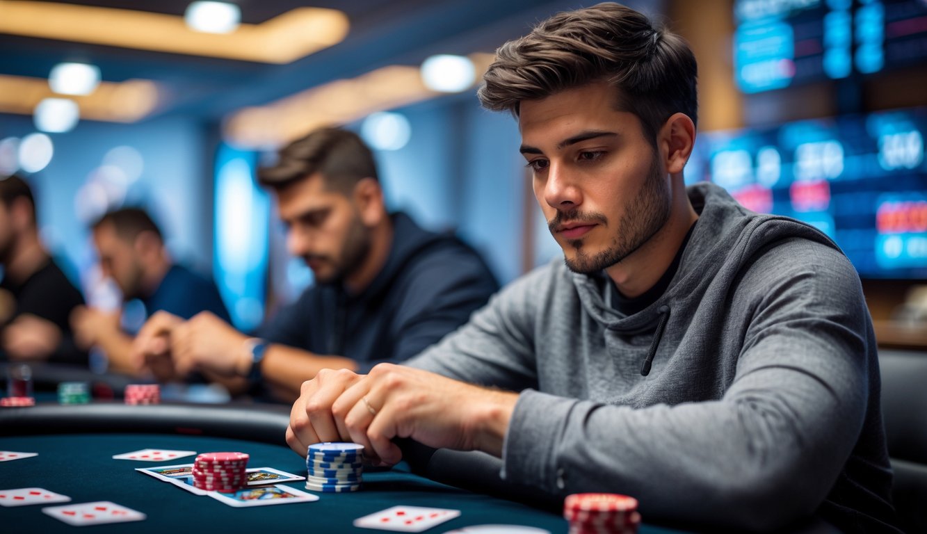 Seorang pria muda duduk di meja poker dengan kartu dan tumpukan chip, tampak fokus dan serius bermain poker.