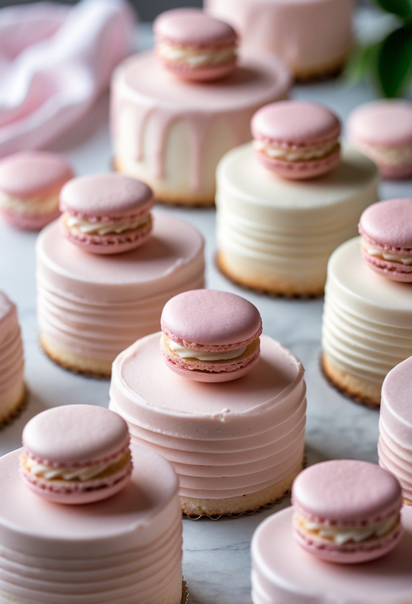 Close-up of several pink cakes decorated with light pink macarons on top.