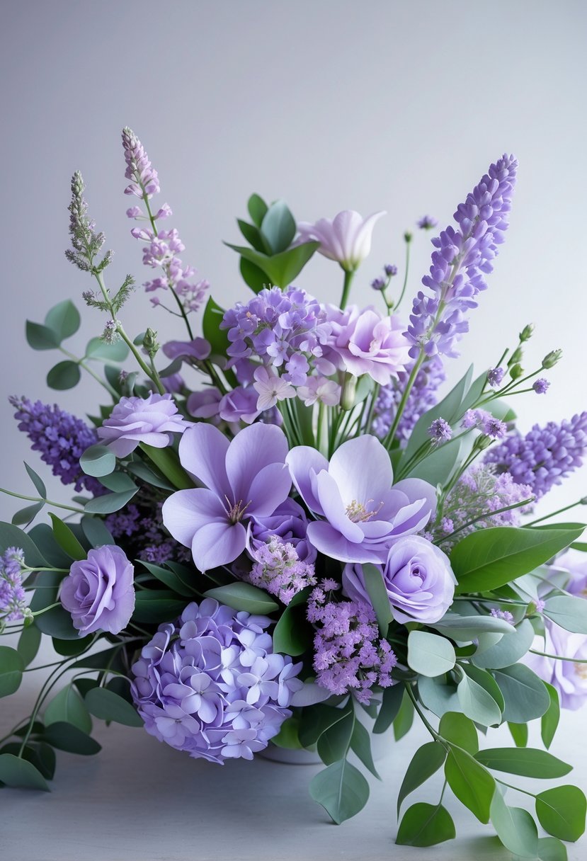 A delicate arrangement of soft purple flowers with green leaves on a neutral background.