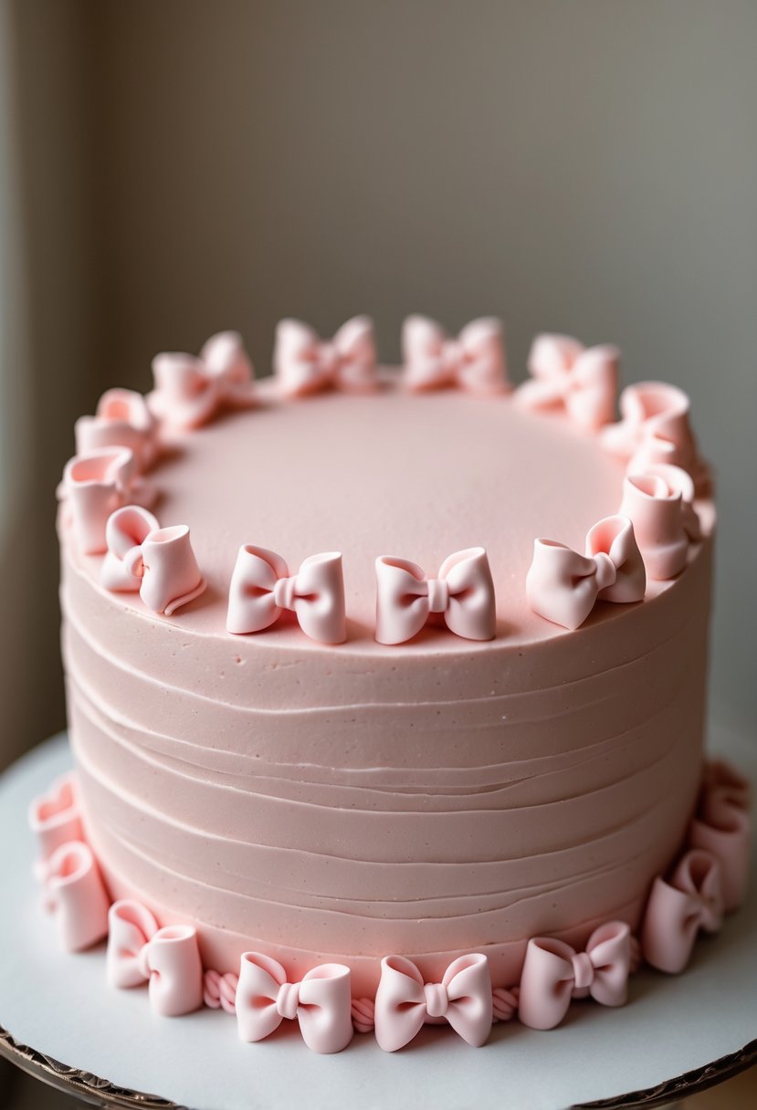 A pink frosted cake decorated with small pink fondant bows around the sides on a neutral background.